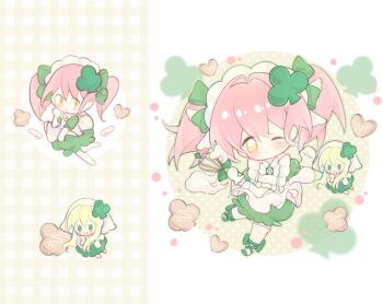 2girls ;o amulet_clover ankle_bow ankle_ribbon apron barefoot battle blonde_hair blush_stickers bow bubble_skirt chibi chinese_commentary clenched_hand club_hair_ornament commentary_request cookie dress expressionless food frilled_apron frilled_dress frills gloves green_background green_bow green_dress green_eyes green_outline green_ribbon green_shoes guardian_chara hair_between_eyes hair_bow hair_intakes hair_over_shoulder hand_on_lap hand_up happy headscarf heart heart-shaped_cookie heart-shaped_food highres hinamori_amu holding holding_whisk humpty_lock_(shugo_chara!) leg_ribbon long_hair looking_at_viewer magical_girl maid maid_headdress medium_dress mini_person minigirl multiple_girls multiple_views one_eye_closed outline over-kneehighs parted_lips pink_hair plaid_background puffy_short_sleeves puffy_sleeves quqi_xiao_shuang ribbon shoes short_hair short_sleeves short_twintails shugo_chara! size_difference skirt socks suu_(shugo_chara!) tareme thighhighs twintails two-tone_background whisk white_apron white_background white_gloves white_headscarf white_socks yellow_eyes