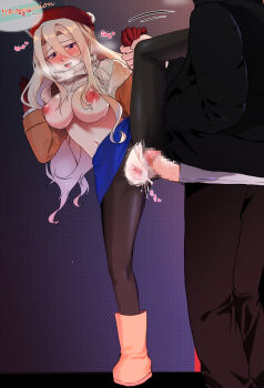 1boy 1girl beret blonde_hair blush boots breasts censored clothes_lift cum cum_in_pussy gloves hair_between_eyes hat hetero highres korean_commentary korean_text large_breasts long_hair maeng_gyu-ri mosaic_censoring navel nipples open_mouth pantyhose penis pussy sex skirt split standing standing_on_one_leg standing_sex standing_split sweater torn_clothes yslee070410 zombie_high_school