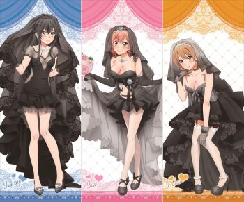 3girls black_dress black_hair black_wedding_dress blue_eyes breasts bridal_veil brown_eyes brown_hair cleavage dress flower garter_straps gloves hand_on_own_knee high_heels isshiki_iroha jewelry large_breasts midriff multiple_girls navel necklace official_art small_breasts smile stiletto_heels thighhighs veil wedding_dress yahari_ore_no_seishun_lovecome_wa_machigatteiru. yuigahama_yui yukinoshita_yukino