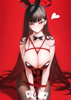 1girl alternate_costume animal_ears black_bow black_bowtie black_hair blue_archive blush bow bowtie breasts bright_pupils brown_pantyhose closed_mouth commentary detached_collar fake_animal_ears hair_ornament hairclip halo heart highres large_breasts leotard long_hair looking_at_viewer pantyhose playboy_bunny rabbit_ears red_background red_eyes red_leotard red_rope restrained rio_(blue_archive) rope simple_background solar_(happymonk) solo symbol-only_commentary very_long_hair white_pupils