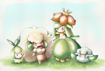 :d commentary_request cottonee gen_5_pokemon grass highres lilligant nintendo no_humans open_mouth orange_eyes petilil pokemon pokemon_(creature) smile standing tom_sawyer_(yos-soya-nagaya) tongue whimsicott