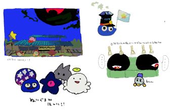 ... chilly_(kirby) dark_matter_(kirby) dark_nebula gooey halo hat highres japanese_text kirby kirby_(series) monster multiple_views n-z nightmare_(kirby) nintendo soumenhiyamugi sweatdrop train train_station waddle_dee zero_two_(kirby)