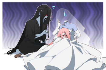 Rule 34 | 1boy, 2girls, adashino adami, bbabbamis2, black hair, black kimono, blood, blood on face, bridal veil, commentary request, dress, elbow gloves, flying sweatdrops, gloves, headless, highres, homicipher, hug, japanese clothes, kimono, korean commentary, long hair, mr. crawling, multiple girls, pink hair, purple background, raincoat, sitting, the bride (homicipher), veil, very long hair, wedding dress, white dress, white raincoat, white veil