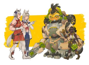 3girls :d ^_^ animal_ears armband artist_name blue_sailor_collar blue_skirt boots bow bowtie brooch brown_boots brown_gloves brown_hat centauroid chinese_zodiac closed_eyes commentary crossover dark_skin dress ear_bow ear_covers ear_ornament ear_ribbon efi_oladele english_commentary gloves gold_ship_(red_strife)_(umamusume) gold_ship_(umamusume) grey_hair grey_tail hat highres horse_ears horse_girl horse_tail jewelry long_hair long_sleeves looking_at_another multiple_girls navel neckerchief nilam_sari oguri_cap_(starlight_beat)_(umamusume) oguri_cap_(umamusume) open_mouth orisa_(overwatch) overwatch pantyhose pillbox_hat pointing pointing_at_another purple_bow red_bow red_dress red_neckerchief robot sailor_collar skirt sleeveless sleeveless_dress smile star_brooch striped_armband striped_clothes tail taur twitter_username umamusume very_dark_skin white_pantyhose year_of_the_horse yellow_background