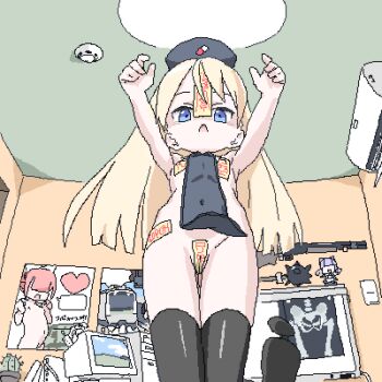 1girl air_conditioner black_hat black_thighhighs blonde_hair blue_eyes cactus cameltoe ceiling_light chair computer feet_out_of_frame figure from_below gun hat indoors lokulo-chan_(lokulo_no_mawashimono) lokulo_no_mawashimono loli long_hair looking_down lowres mace maebari microsoft_windows naked_tabard nurse_cap office_chair ofuda ofuda_on_nipples ofuda_on_pussy original outstretched_arms pasties pelvic_curtain pill_print plant poster_(object) potted_plant sadoko_(lokulo_no_mawashimono) shotgun smoke_detector solo spiked_mace spikes standing swivel_chair tabard thighhighs weapon windows_xp x-ray_film yurika_a_lutwidge_(lokulo_no_mawashimono) zombie_pose