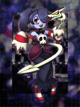 1girl bare_shoulders black_collar blue_hair blue_skin bone breasts collar colored_skin commentary detached_collar detached_sleeves dress english_commentary full_body hair_over_one_eye hands_up highres ibispaint_(medium) leviathan_(skullgirls) long_skirt looking_at_viewer medium_hair miss_misimo no_shoes object_through_head open_mouth red_dress red_eyes red_sleeves red_socks side_ponytail skeletal_hand skirt skull skullgirls sleeves_past_fingers sleeves_past_wrists small_breasts smile socks solo squigly_(skullgirls) standing stitched_mouth stitches striped_clothes striped_sleeves striped_socks white_sleeves white_socks wide_hips yellow_eyes zombie