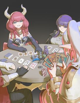 1boy 3girls absurdres aura_(sousou_no_frieren) blunt_bangs braid breasts capelet closed_mouth demon_girl demon_horns dress earrings elbow_gloves elf fern_(sousou_no_frieren) frieren gloves grey_hair grin highres holding horns jewelry large_breasts long_hair long_sleeves multiple_girls pacpoi pointy_ears purple_eyes purple_hair smile sousou_no_frieren stark_(sousou_no_frieren) table twintails white_capelet white_dress white_hair yu-gi-oh!