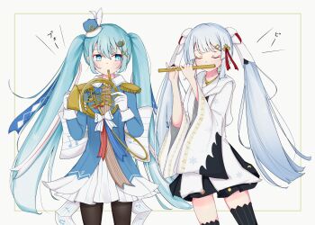 2girls aqua_eyes aqua_hair band_uniform beamed_eighth_notes black_pantyhose black_skirt black_thighhighs blue_jacket blue_ribbon blunt_bangs border chihaya_(clothing) closed_eyes commentary cowboy_shot dot_pupils dual_persona eighth_note epaulettes flute fortissimo framed french_horn gloves hair_ornament hair_ribbon hat_feather hatsune_miku highres holding holding_flute holding_instrument instrument instrument_hair_ornament jacket japanese_clothes kimono long_hair looking_at_another mini_hat mini_shako_cap miniskirt moon_phases moon_print multiple_girls music musical_note musical_note_hair_ornament musical_note_print musical_staff_print pantyhose playing_flute playing_instrument pleated_skirt quarter_note ribbon shako_cap skirt musical_staff standing striped_clothes striped_ribbon striped_thighhighs tassel tassel_hair_ornament thighhighs translated transverse_flute twintails vertical-striped_clothes vertical-striped_thighhighs very_long_hair vocaloid white_background white_gloves white_hair white_kimono white_ribbon white_skirt wide_sleeves x_hair_ornament yuki_miku yuki_miku_(2018) yuki_miku_(2020) zenjimaru