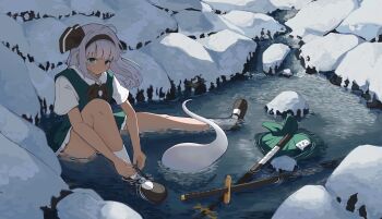 Rule 34 | 1girl, absurdres, black bow, black bowtie, black hairband, black shoes, bow, bow hairband, bowtie, commentary, day, full body, green skirt, green vest, guaninekoubou, hairband, highres, hitodama, konpaku youmu, konpaku youmu (ghost), mary janes, medium hair, miniskirt, sack, sheath, sheathed, shirt, shoes, sitting, skirt, snow, socks, solo, touhou, vest, water, white hair, white shirt, white socks, winter