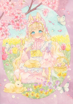 Rule 34 | 1girl, absurdres, amu (m aa), animal, animal ear fluff, animal ears, apron, aqua eyes, artist name, basket, blonde hair, blush, border, bow, bug, butterfly, cherry blossoms, cherry tree, dango, dated, dot nose, easter, easter egg, egg, expressionless, floral print, flower, food, frilled apron, frills, hair bow, hanami, highres, insect, japanese clothes, kimono, lolita fashion, long hair, long sleeves, looking at viewer, maid, no shoes, nose blush, original, outside border, painting (medium), petals, pink border, pink bow, pink kimono, pink petals, rabbit, rabbit ears, rabbit girl, round border, sanshoku dango, seiza, sidelocks, signature, sitting, socks, traditional media, very long hair, wa lolita, wa maid, wagashi, watercolor (medium), white apron, white socks, wide sleeves