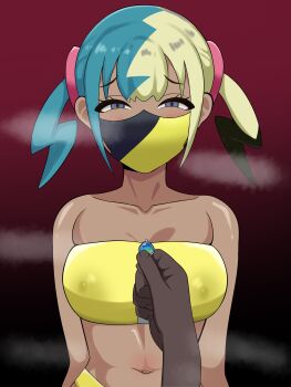 1boy 1girl absurdres bandeau blue_eyes canari_(pokemon) collarbone commentary covered_erect_nipples dark-skinned_male dark_skin eyelashes gradient_background half-closed_eyes highres looking_at_viewer mask mouth_mask multicolored_hair namida_onimoku navel nintendo pokemon pokemon_legends:_z-a raised_inner_eyebrows steam twintails upper_body yellow_bandeau zipper zipper_pull_tab