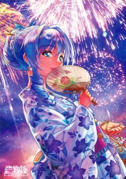 Rule 34 | 1girl, bag, bagged fish, black hair, blue eyes, drill hair, drill sidelocks, fireworks, fish, hair intakes, hair ornament, hand fan, japanese clothes, kimono, logo, long sleeves, looking at viewer, night, non-web source, obi, outdoors, paper fan, photoshop (medium), sash, sidelocks, sky, smile, solo, star (sky), starry sky, umi monogatari, updo, warin, wing hair ornament