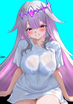 1girl absurdres alternate_breast_size aqua_background black_bra blush bra bra_visible_through_clothes breasts collarbone colored_inner_hair commentary dfswift english_commentary face_jewel green_eyes grin hair_flaps hair_ornament highres hololive hololive_english jewel_under_eye koseki_bijou large_breasts long_hair multicolored_hair pink_eyes pink_hair shiny_skin shirt short_sleeves signature simple_background smile solo t-shirt thighs two-tone_hair underwear virtual_youtuber white_shirt