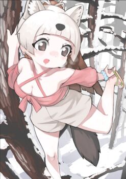 Rule 34 | bare shoulders, black hair, blunt bangs, blush, breath, brown eyes, brown hair, casual, commentary request, cowboy shot, criss-cross halter, earrings, flower earrings, grey shorts, halterneck, highres, japanese marten (kemono friends), jewelry, kemono friends, kemono friends 3, leg up, long hair, multicolored hair, official alternate costume, pink shirt, ponytail, puffy short sleeves, puffy sleeves, rinx, sandals, shirt, short sleeves, shorts, sidelocks, snow, standing, standing on one leg, tree, two-tone hair, white hair, winter