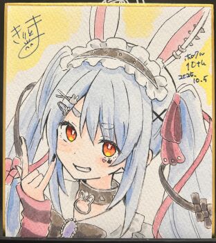 1girl \n/ absurdres animal_ear_fluff animal_ears black_bow black_hairband blue_hair blush bow carrot_hair_ornament dated ear_piercing facial_mark food-themed_hair_ornament frilled_hairband frills grin hair_between_eyes hair_ornament hairband hairclip highres hololive kiritoma long_hair looking_at_viewer photo_(medium) piercing rabbit-shaped_pupils rabbit_ears rabbit_hair_ornament red_eyes shikishi short_eyebrows signature smile solo symbol-shaped_pupils thick_eyebrows traditional_media twintails upper_body usada_pekora usada_pekora_(11th_costume) v-shaped_eyebrows virtual_youtuber x_hair_ornament
