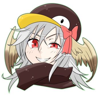 Rule 34 | 1girl, bow, brown scarf, brown wings, commentary request, feathered wings, grey hair, grin, hat, hat bow, head wings, long hair, looking at viewer, oekakipikki, penguin hat, portrait, ragnarok online, red bow, red eyes, scarf, simple background, smile, solo, sura (ragnarok online), uneven eyes, v-shaped eyebrows, white background, wings