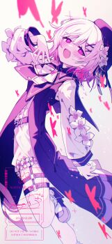 Rule 34 | 1girl, :d, beret, bird hat ornament, black dress, black hat, bug, butterfly, commentary request, dress, fang, flower, flower ornament, gradient hair, hair ornament, half-closed eyes, hat, hat flower, highres, insect, kasuga haruhi, looking at viewer, mahou shoujo no majo saiban, multicolored hair, o-ring, o-ring thigh strap, open mouth, pink eyes, red butterfly, sakuraba ema, shirt, short hair, simple background, smile, solo, thigh strap, watermark, white background, white flower, white shirt, x hair ornament