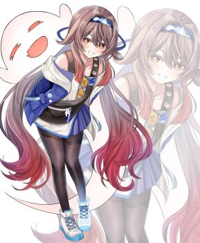 1girl black_bag black_pantyhose blue_hairband blue_jacket blue_skirt boo_tao_(genshin_impact) brown_hair commentary_request eyewear_hang flower-shaped_pupils full_body genshin_impact ghost gradient_hair grin hair_between_eyes hairband highres hu_tao_(genshin_impact) hu_tao_(lawson)_(genshin_impact) jacket leaning_forward long_hair looking_at_viewer mitsu336 multicolored_hair official_alternate_costume open_clothes open_jacket pantyhose red_eyes shirt shoes simple_background skirt smile sneakers solo symbol-shaped_pupils tinted_eyewear unworn_eyewear very_long_hair white_background white_shirt white_shoes yellow-tinted_eyewear zoom_layer