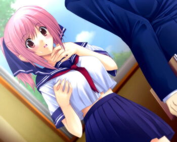 1boy 1girl game_cg indoors kirihara_mana pink_hair school school_uniform sky temptation temptation_h
