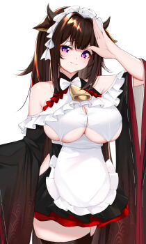Rule 34 | 1girl, absurdres, animal ears, apron, azur lane, bare shoulders, bell, black dress, black thighhighs, breasts, brown hair, catnnn, clothing cutout, commentary request, cow ears, cow girl, cow horns, cowbell, dress, frilled apron, frills, highres, horns, kashino (azur lane), kashino (maid for mayhem) (azur lane), large breasts, looking at viewer, maid headdress, official alternate costume, purple eyes, simple background, solo, thighhighs, underboob, underboob cutout, white apron, white background, wide sleeves, zettai ryouiki