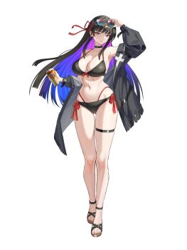 1girl absurdres adjusting_eyewear alternate_costume bare_shoulders bikini black_bikini black_choker black_hair blue_hair breasts bright_pupils chinese_commentary chisa_(wuthering_waves) choker cleavage collarbone colored_inner_hair commentary_request cup disposable_coffee_cup disposable_cup eyewear_on_head full_body gradient_hair hair_ribbon highres holding holding_cup large_breasts long_hair looking_at_viewer mole mole_under_eye multicolored_hair navel northman parted_lips purple_hair red_eyes red_ribbon ribbon sandals solo standing stomach sunglasses swimsuit thigh_strap thighs toes white_pupils wuthering_waves