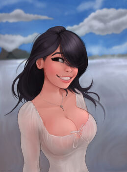 1girl absurdres black_hair blue_sky breasts brown_eyes cleavage cloud hair_over_one_eye highres jewelry key key_necklace large_breasts necklace original pink_lips see-through_clothes see-through_shirt shadman shirt sky solo teeth upper_body