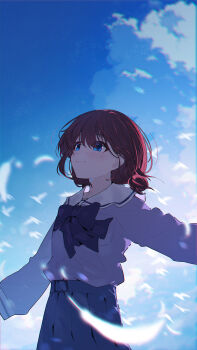 Rule 34 | 1girl, blue bow, blue bowtie, blue shirt, blue skirt, bow, bowtie, brown hair, chinese commentary, closed mouth, cloud, commentary request, falling feathers, feathers, girls band cry, highres, iseri nina, low twintails, pleated skirt, shirt, short hair, short twintails, skirt, sky, solo, twintails, yun cao bing