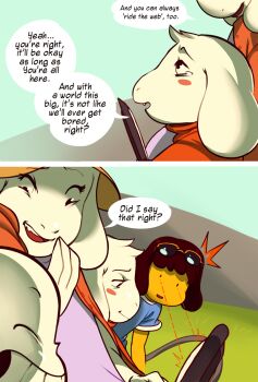 1girl 2boys alternate_universe anadapta androgynous arrow_(symbol) asriel_dreemurr bench blush_stickers comic computer english_text eyewear_on_head frisk_(undertale) highres monster_boy monster_girl multiple_boys park sans_(undertale) spoilers toriel undertale utdr_(toby_fox)