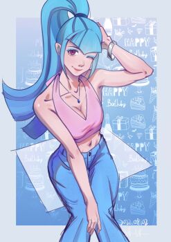 Rule 34 | 1girl, 2022, ;), absurdres, aegyo sal, alternate costume, alternate skin color, arm between legs, baggy pants, bare arms, bare shoulders, black hair, blue background, blue eyeshadow, blue gem, blue hair, blue pants, blunt ends, border, bottle, bracelet, breasts, buttons, cake, cake slice, cake stand, chinese commentary, cleavage, closed mouth, collarbone, commentary request, confetti, dated, denim, equestria girls: rainbow rocks, eyeshadow, feet out of frame, food, from above, gem, gift, grey border, hair tie, happy birthday, highres, jeans, jewelry, knees together feet apart, lips, long hair, looking at viewer, makeup, midriff, multicolored hair, my little pony, my little pony: equestria girls, my little pony: friendship is magic, navel, necklace, one eye closed, outside border, pants, party popper, pink eyes, pink shirt, shirt, silver bracelet, silver necklace, simple background, sitting, sleeveless, sleeveless shirt, small breasts, smile, solo, sonata dusk, sonata dusk (human), streaked hair, two-tone hair, v-bangs, xiaopihai019