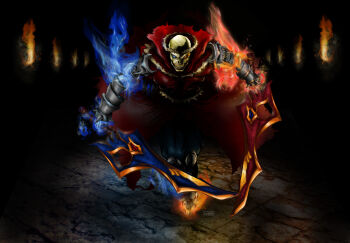 Rule 34 | 1other, blue fire, cape, ch3v, commentary request, dual wielding, fire, full body, gauntlets, heterochromia, highres, holding, holding sword, holding weapon, indoors, looking at viewer, naght sieger, portuguese commentary, ragnarok online, red cape, skeleton, solo, sword, tile floor, tiles, torch, undead, weapon