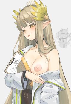 Rule 34 | 2girls, absurdres, arknights, breasts, cleavage, clipboard, coat, commentary, elf, green hair, green shirt, highres, kal'tsit (arknights), laurel crown, long hair, medium breasts, mole, mole under eye, muelsyse (arknights), multiple girls, nipples, official alternate costume, one eye closed, pointy ears, radioneet, shirt, solo focus, tongue, tongue out, upper body, white coat, yellow eyes