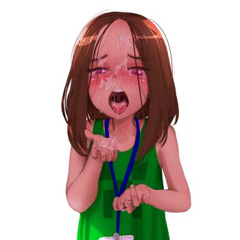 1girl after_fellatio blush brown_hair collarbone creeper cum cum_in_mouth cum_on_body cum_string facial lanyard loli looking_at_viewer medium_hair minecraft open_mouth pink_eyes round_teeth solo tears teeth tongue tongue_out upper_teeth_only uvula white_background wysteriary