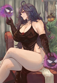 1girl @_@ absurdres ahoge alternate_breast_size_(larger) artist_name black_hair breasts closed_mouth crossed_legs dress gastly gen_1_pokemon gen_6_pokemon ghost hair_between_eyes hairband hat headband hex_maniac_(pokemon) hex_maniac_(pokemon_xy) highres large_breasts long_hair messy_hair nintendo open_mouth patreon_logo patreon_username petting pokemon pokemon_(creature) pokemon_xy pumpkaboo purple_eyes purple_hair purple_hairband purple_headband sitting smile solo thighs very_long_hair vicartrious yellow_eyes