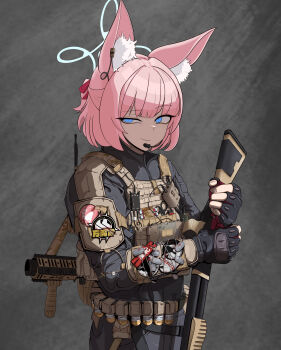 1girl 40mm_grenade absurdres animal_ear_fluff animal_ears black_gloves black_suit blue_archive blue_eyes blue_halo bulletproof_vest commentary_request dog_tags earphones_on_animal_ears eotech fingerless_gloves formal_clothes fox_ears fox_girl fox_platoon_(blue_archive) furrowed_brow gloves grenade_launcher gun halo handle headphones highres holding holding_gun holding_weapon looking_at_viewer microphone military military_combat_uniform military_uniform milkor_mgl mossberg_590 niko_(blue_archive) odi original pink_hair radio_antenna scissors short_hair shotgun solo solo_focus suit tactical_clothes tactical_gloves tail variant_set weapon
