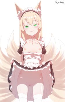 animal_ears apron blonde_hair blush chest_tattoo fox_ears green_eyes grin highres kitsune kyuubi maid maid_apron mon-musu_quest! mon-musu_quest:_paradox multiple_tails sent99 smile smug tail tamamo_(mon-musu_quest!) tattoo