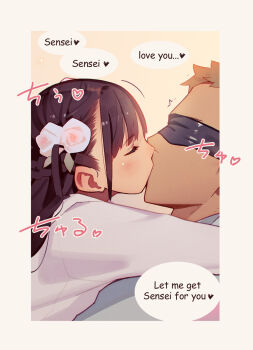 1boy 1girl age_difference blindfold brown_hair closed_eyes english_text flower hair_flower hair_ornament hetero highres jacket kiss loli long_sleeves muk_(monsieur) speech_bubble tiny_evil upper_body white_jacket yuu_(tiny_evil)