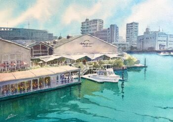 boat building cityscape cloud cloudy_sky commentary_request day echowater harbor no_humans original outdoors painting_(medium) real_world_location reflection reflective_liquid scenery signature sky traditional_media water watercolor_(medium) watercraft