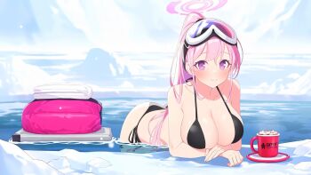 Rule 34 | 1girl, bikini, black bikini, blue archive, breasts, cup, eimi (blue archive), eimi (swimsuit) (blue archive), ice, inflatable raft, large breasts, partially submerged, pink eyes, pink hair, snow, swimsuit