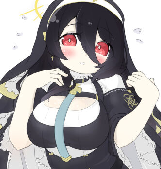 1girl black_dress black_hair blue_archive blush breasts commentary_request dress flying_sweatdrops hair_between_eyes halo hands_up highres hinata_(blue_archive) large_breasts long_hair long_sleeves looking_at_viewer miranofuudoria nun red_eyes simple_background solo upper_body veil very_long_hair white_background wide_sleeves