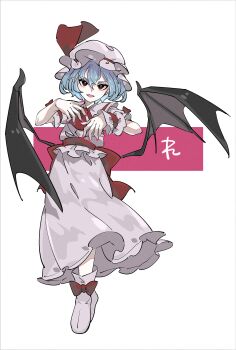 1girl ascot bat_wings bow fangs footwear_bow frilled_cuffs frilled_hat frilled_shirt frills hair_between_eyes hands_up hat hat_ribbon highres mob_cap o_(crazyoton46) parted_lips pink_shirt pink_skirt pointy_ears purple_hair red_ascot red_bow red_eyes red_ribbon remilia_scarlet ribbon shirt shoes short_hair simple_background skirt smile solo touhou white_background white_hat white_shoes wings wrist_cuffs