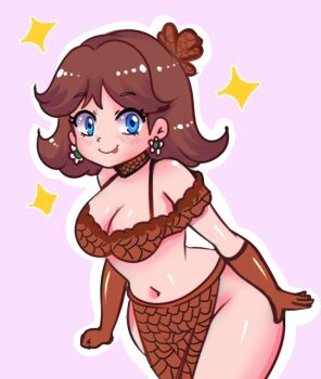 1girl araceri blue_eyes blush breasts brown_flower brown_gloves brown_hair brown_shirt brown_skirt brown_theme choker cleavage earrings flower flower_earrings freckles gloves hair_flower hair_ornament jewelry large_breasts long_hair looking_at_viewer mario_(series) navel nintendo princess_daisy purple_background shirt side_slit skirt sleeveless sleeveless_shirt smile sparkle standing tongue tongue_out wide_hips