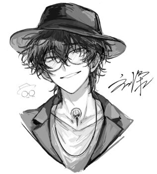 Rule 34 | 1boy, character name, chinese text, collarbone, cropped shoulders, doodle inset, fedora, glasses, greyscale, grin, hair between eyes, hat, jacket, jewelry, liu xiao, looking at viewer, male focus, mole, mole under eye, monochrome, neck tattoo, necklace, parted lips, portrait, round eyewear, shiguang dailiren, shirt, short hair, signature, simple background, sketch, smile, solo, tattoo, tyoookozuki, upper body, white background
