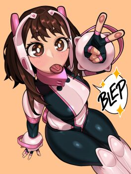 1girl absurdres belt bodysuit boku_no_hero_academia breasts brown_eyes brown_hair english_text female_focus highres large_breasts looking_at_viewer loopvoid matching_hair/eyes multicolored_bodysuit pink_belt short_hair sidelocks skin_tight solo speech_bubble superhero_costume thick_thighs thighs tongue tongue_out uraraka_ochako uraraka_ochako_(hero_outfit) v