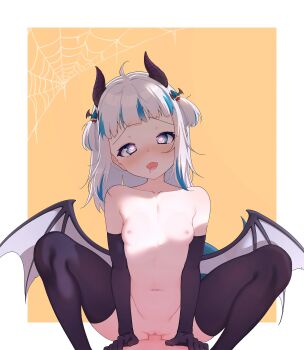 1boy 1girl absurdres ahoge arm_support bad_id bad_link bad_twitter_id bare_shoulders blue_eyes blue_hair breasts collarbone cowgirl_position demon_girl demon_horns demon_wings elbow_gloves fangs fins fish_tail gawr_gura girl_on_top gloves glowing glowing_eyes hair_ornament head_tilt heart heart-shaped_pupils hetero highres hololive hololive_english horns loli looking_at_viewer lucasyecla99 medium_hair multicolored_hair navel nipples open_mouth penis pov pussy saliva sex shark_girl shark_hair_ornament shark_tail silk small_breasts spider_web straddling symbol-shaped_pupils tail thighhighs twintails two-tone_background two-tone_hair uncensored vaginal virtual_youtuber white_background white_hair wings yellow_background