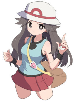 1girl bare_shoulders blue_shirt brown_eyes brown_hair hat hiyoshipow holding holding_poke_ball index_finger_raised leaf_(pokemon) long_hair looking_at_viewer nintendo poke_ball poke_ball_(basic) pokemon pokemon_frlg red_skirt shirt skirt sleeveless sleeveless_shirt solo white_hat wristband yellow_bag