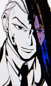 Rule 34 | 1boy, black eyes, black necktie, blonde hair, blue eyes, closed mouth, collared shirt, diamond wa kudakenai, formal clothes, highres, jacket, jojo no kimyou na bouken, kira yoshikage, kira yoshikage (bites the dust), looking at viewer, male focus, memetaa kaeru, necktie, partially colored, portrait, shirt, short hair, smile, solo, split theme, suit, white background, white shirt