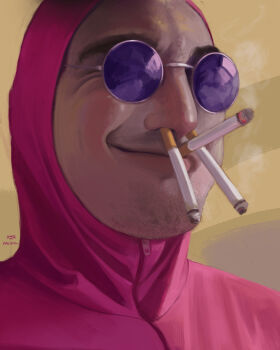 1boy absurdres artist_name bodysuit cigarette_in_nose commentary english_commentary facial_hair glasses goatee_stubble grin highres hood hooded_bodysuit kamikaze_mika male_focus pink_bodysuit pink_guy purple-tinted_eyewear round_eyewear smile solo stubble tinted_eyewear tvfilthyfrank unlit_cigarette_in_mouth zipper