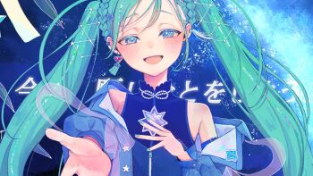 1girl aqua_hair aqua_nails blue_eyes blue_jacket blush braid commentary_request crop_top earrings flogsing hair_ornament hatsune_miku heart heart_earrings jacket jewelry long_hair long_sleeves looking_at_viewer magical_mirai_(vocaloid) magical_mirai_miku magical_mirai_miku_(2025) official_alternate_costume official_alternate_hairstyle open_mouth reaching reaching_towards_viewer shirt sleeveless sleeveless_shirt smile solo star_(symbol) star_hair_ornament twintails very_long_hair vocaloid
