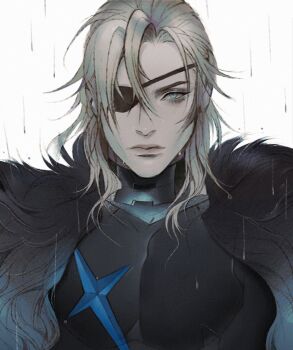 1boy armor black_armor blonde_hair blue_eyes breastplate closed_mouth commentary danini_panini dimitri_alexandre_blaiddyd dimitri_alexandre_blaiddyd_(timeskip) english_commentary eyelashes eyepatch feather_trim fire_emblem fire_emblem:_three_houses highres lips male_focus medium_hair nintendo one_eye_covered rain solo straight-on white_background