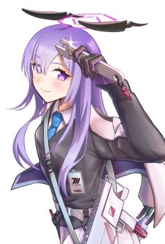 Rule 34 | 1girl, black shirt, blue archive, blue eyes, blue hair, blue necktie, collared shirt, commentary request, floating headgear, gun, halo, hand up, headgear, highres, holding, holding wrench, id card, long hair, mac-10/11, necktie, okuratora, purple halo, shirt, smile, solo, submachine gun, utaha (blue archive), weapon, white background, wrench